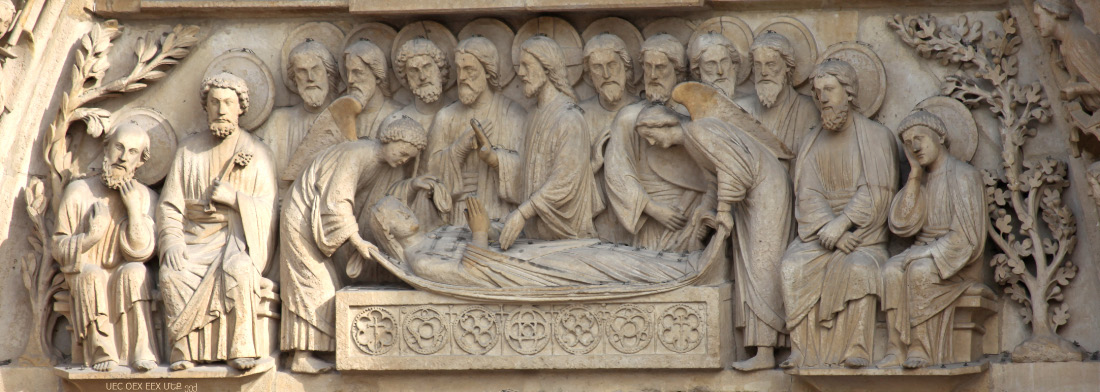 Dormition and Assumption of the Blessed Ever Virgin Theotokos Mary depicted on the fasade of Notre Dame de Paris