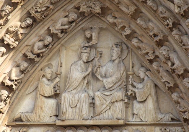 Crowning as Queen of Heaven of the Blessed Theotokos Mary depicted on the facade of Notre Dame by the year 1225