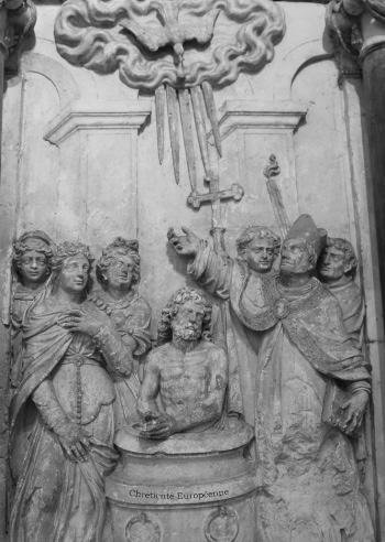 medieval base relief depicting the Baptism of Clovis in the Basilica of Saint Remi in Reims