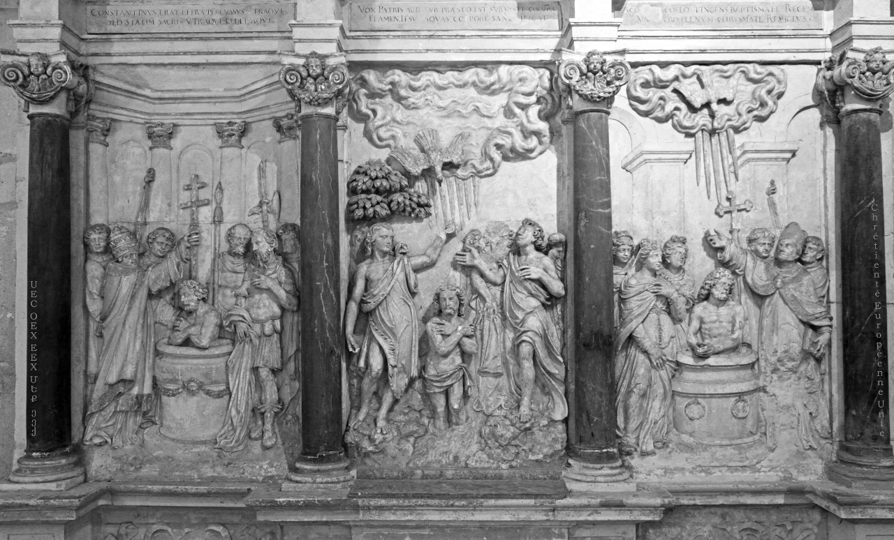 the baptisms of Contantine, Christ and Clovis, depicted in base relief in the Basilica of Saint Remi in Reims