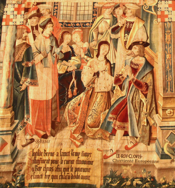 tapestry in Reims depicting St. Remi teaching Clovis with Clotilde
