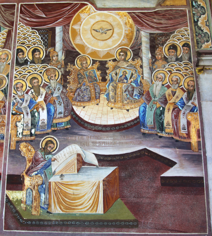 Fresco depicting the Seveth Ecumenical Council in the narthex of the Church of Saint Athanasius the Athonite in the Great Lavra on Holy Mount Athos