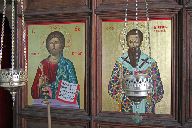 icon in Skete of Saint Gregory Palamas showing the saint and the Eucharist with The Lord