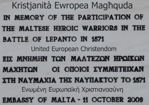 Maltese plaque at Naupaktos commemorating the Battle of Lepanto