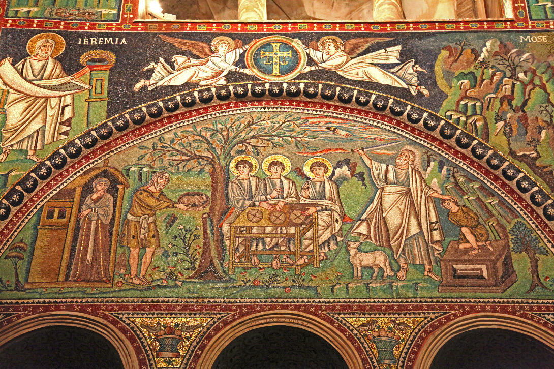 Basilica of San Vitale mosaic on the north lunette of the choir of the basilica depicting Abraham at Mamre bringing an offering to the three angels