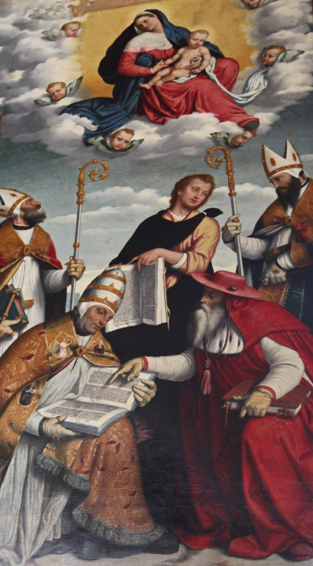 pope and cardinal and bishops with texts and prayers under Maria and Jesus