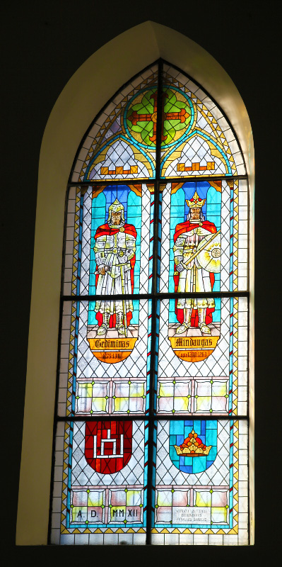 Gediminas and Mindaugas being strangely honored in stained glass in the Vytautas the Great Church of the Assumption of The Holy Virgin Mary