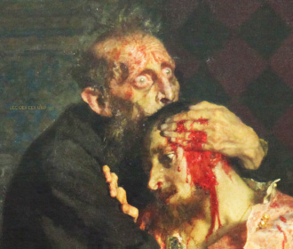 detail of Ivan IV and dying Dimitri by Repin