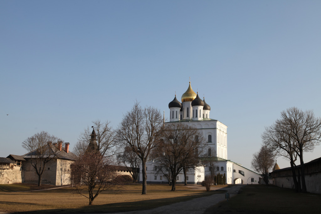 Holy Trinity Cathedral inside the late XIV century citadel walls of the Pskov Krom