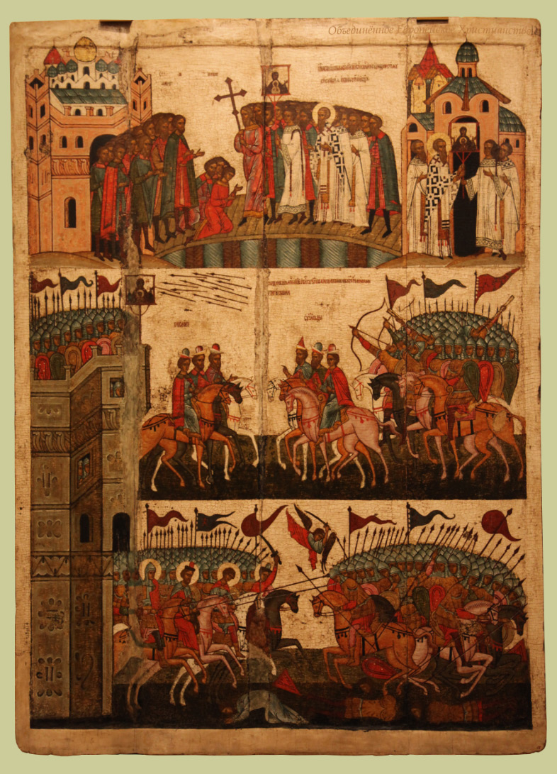 XV century icon in Museum of Novgorod depicting the  Battle of Novgorod and Suzdal of 1169