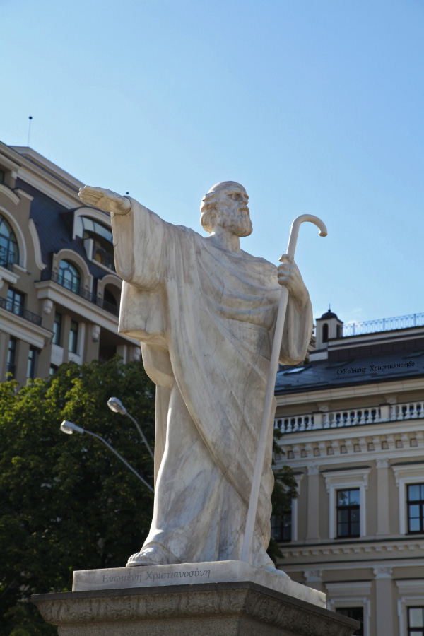 On Михайлівська Площа – Mykhailivska Square in  Kyiv in the Ukraine the figure of Apostle Saint Andrew within the Памятник княгині Ользі – Monument to Princess Olga
