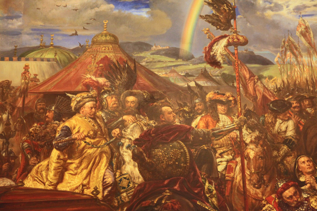 Matejko painting detail with plumage and tents and horse and rainbow